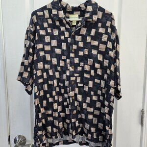 Joseph & Feiss Men's Silk Button-Up Short Sleeve Shirt XL Black & Beige